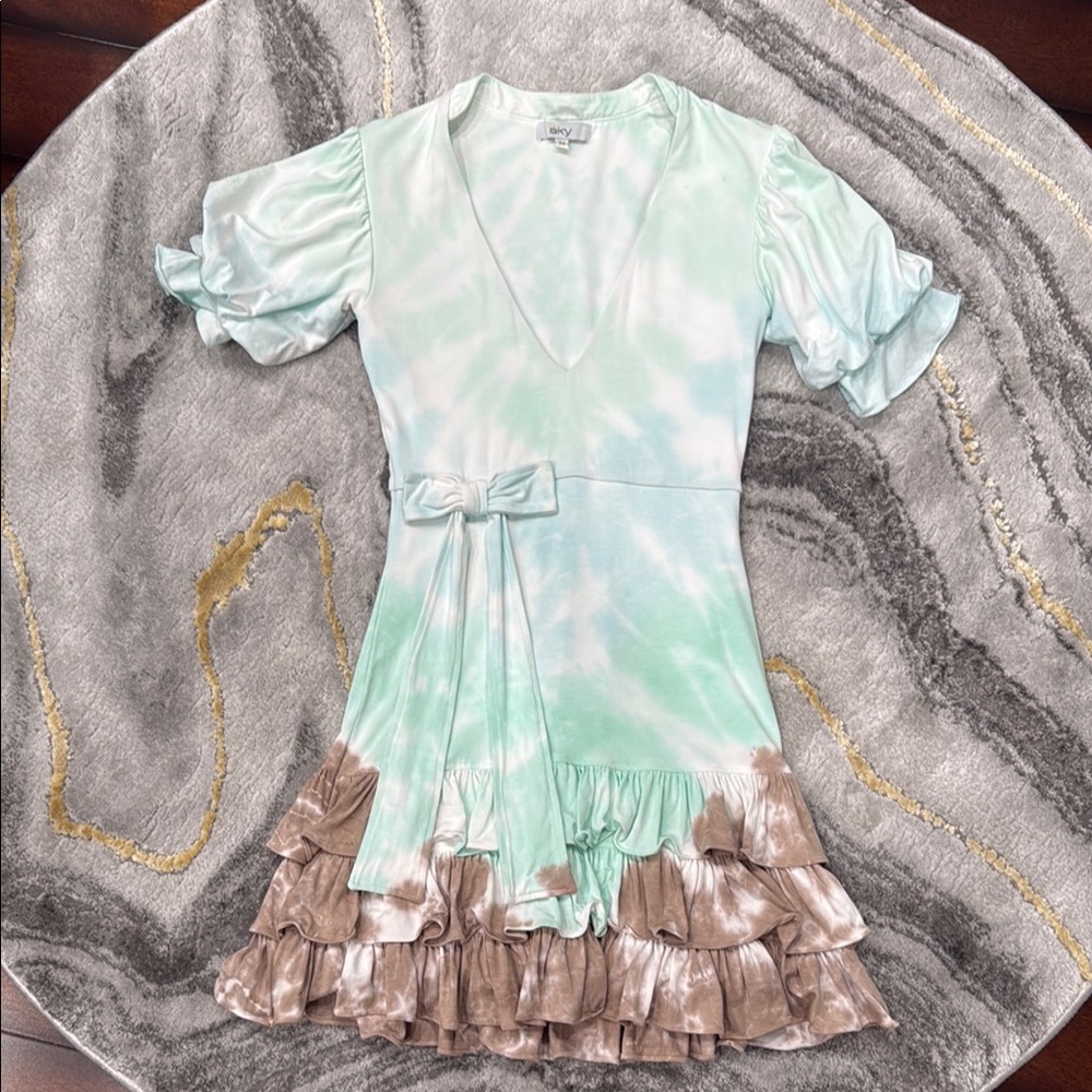 SKY Tie-Dye Dress with Ruffle Hem and Bow Size Medium NEW without tags